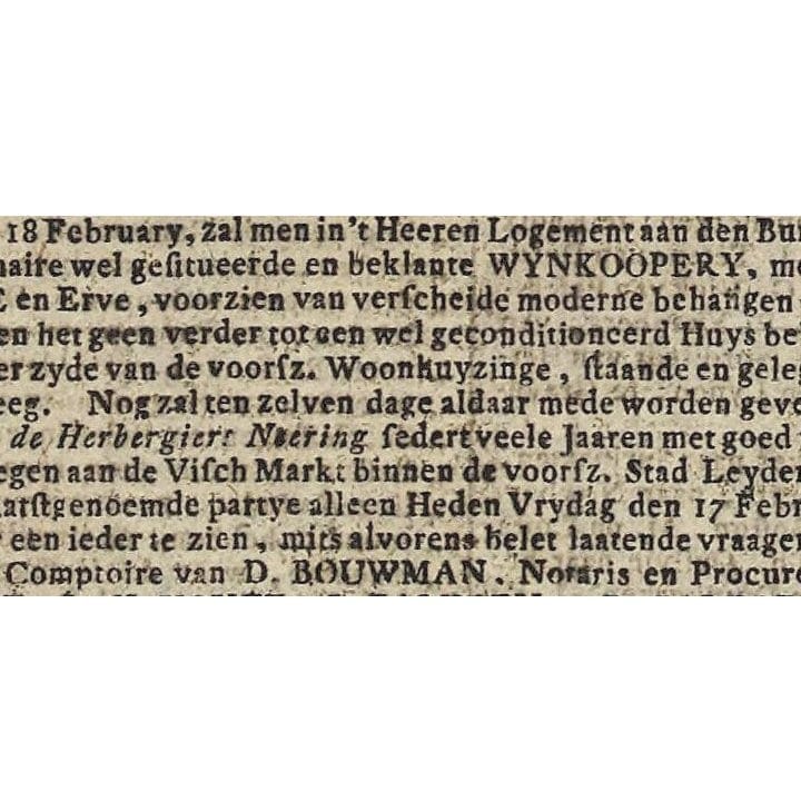Een fragment van de aankondiging van de veiling van de wijnkoperij in 1804